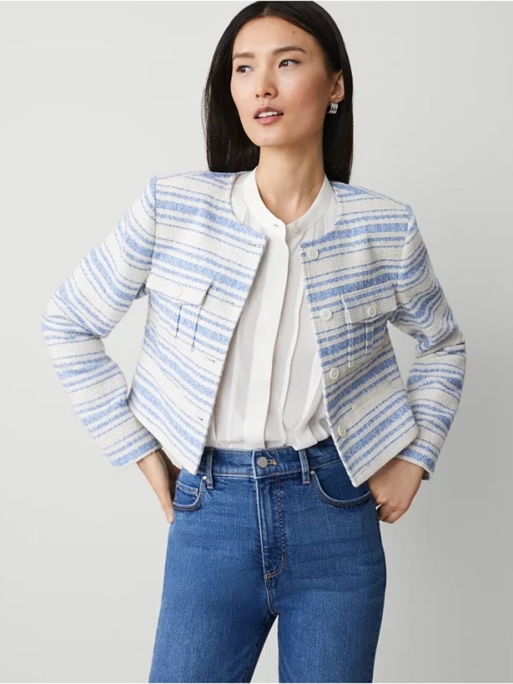 Ann Taylor Striped Tweed Cropped Jacket Light Blue/White Combo